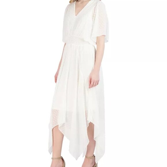 ROBBIE BEE PETITE V NECK CHIFFON SHORT SLEEVE FIT AND FLARE DRESS  PS OFF WHITE - Picture 4 of 15